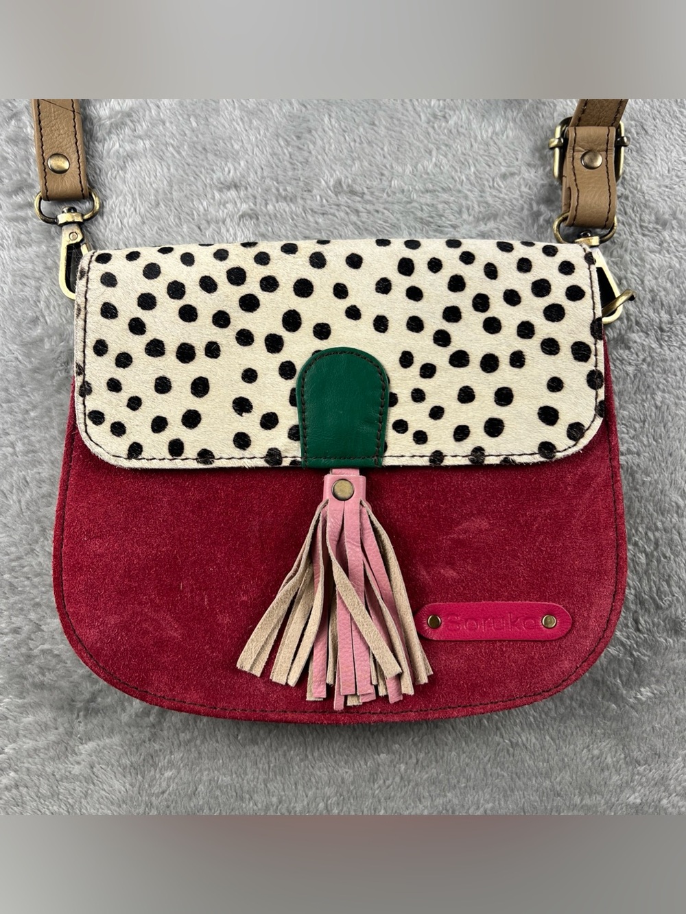 Soruka Polka Dot Flap Saddle Bag Crossbody Purse w/ Adjustable Strap Blue Pink